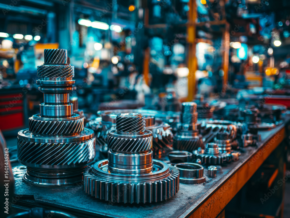 Poster precision-engineered metal gears and components displayed on a workshop table in a manufacturing fac