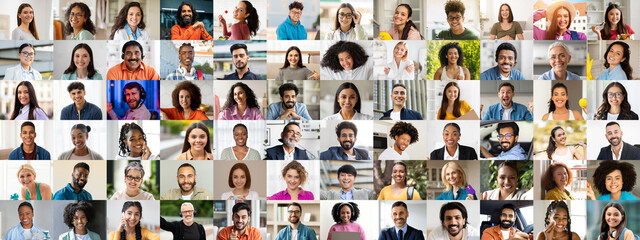 A vibrant collage showcases happy faces of diverse multiracial people. Each portrait radiates...