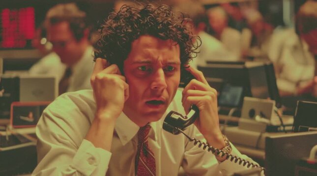 Worried Trader Listening on Double Phones During Stock Downturn