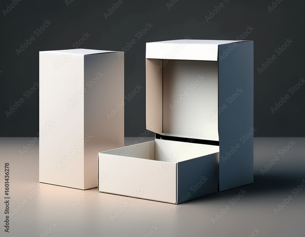 Poster realistic open and closed blank packaging boxes mockup minimalistic design soft shadows high detail 