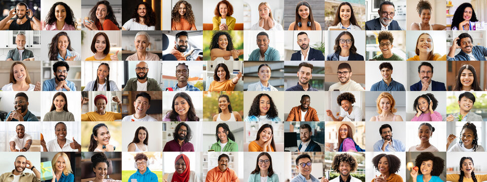 A vibrant collage showcases a diverse collection of joyful faces from various backgrounds. Each individual exudes happiness, representing a rich tapestry of cultures and lifestyles.