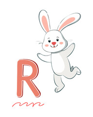 
Vector letter R with a racing rabbit – playful kids alphabet card
