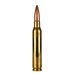 A shiny brass rifle bullet standing solo reflecting light against a clean white backdrop A symbol of precision and strength
