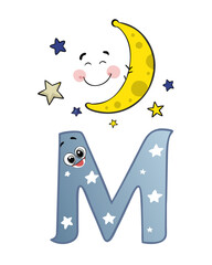 
Vector letter M with a magical moon – alphabet poster for kids
