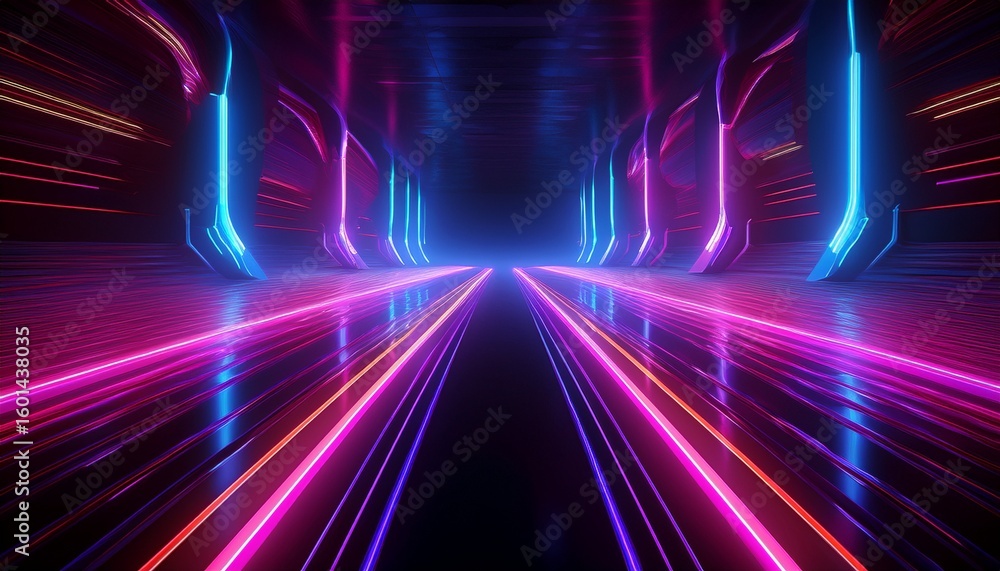 Poster 3d render abstract futuristic background of dynamic neon lines glowing in the dark floor reflection