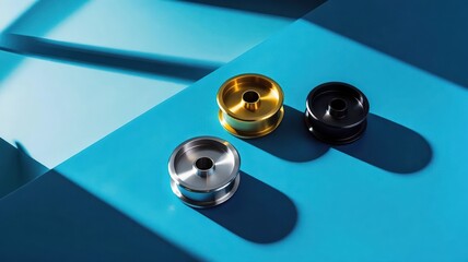 Metal pulleys in silver gold and black on blue geometric background