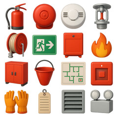 Safety 3d icons set: fire extinguisher, alarm, smoke detector, sprinkler, exit sign, fire hose, flame, gloves