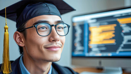 Young male graduate in cap and gown smiling proudly in front of computer screens filled with code