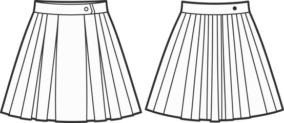 Pleated skirt fashion sketch with waistband and wave hem, detailed front and back views, cad drawing flat vector illustration