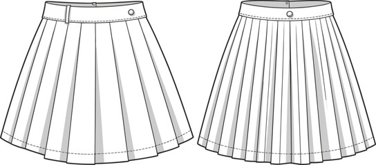 Pleated skirt fashion sketch front and back views, waistband with button detail, sewing panel layout, cad drawing flat vector illustration