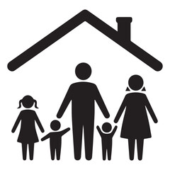 A happy family under the protection of a home roof isolated on white background