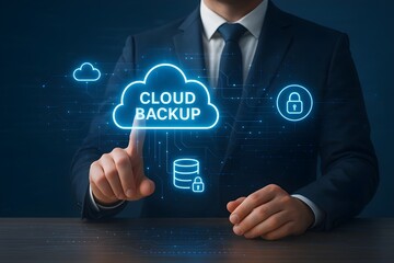 Businessman Interacting with Futuristic Holographic Cloud Backup and Data Security Interface in Tech Workspace


