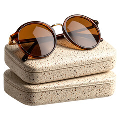  Brown Sunglasses Resting on Closed Beige Speckled Case, Side Angle with Soft Shadow, Transparent PNG