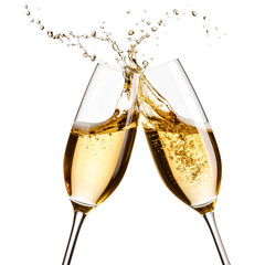 Champagne Glasses Clinking with Golden Splash Captured Mid-Air, Celebration Moment, PNG Isolated