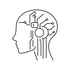 Vector line icon of human head with microchip, concept of artificial intelligence.