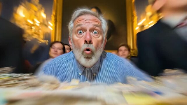 Overwhelmed man with grey beard flying through tense boardroom, eyes wide with surprise, surrounded by blurred figures, capturing a satirical moment of chaos and pressure.
