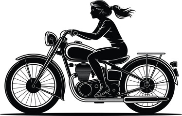 A stylish silhouette showcases a woman riding a classic motorcycle, emphasizing the vintage design and the rider's dynamic pose, perfect for transportation or lifestyle themes.