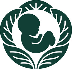 A stylized silhouette of a fetus cradled within a leafy wreath evokes themes of new life, fertility, and natural growth, suitable for healthcare or family-oriented designs.