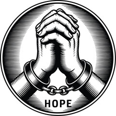 Engraved illustration showcasing hands clasped in prayer, bound by shackles, symbolizing hope and resilience, ideal for themes of faith, freedom, and overcoming adversity in monochrome.