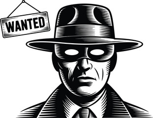 A striking monochrome illustration showcases a mysterious masked man wearing a fedora, accompanied by a "Wanted" sign, creating a vintage, noir-inspired aesthetic.