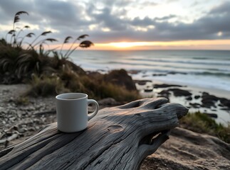 Coastal Sunrise Coffee Break: A tranquil moment captured at the coast featuring a coffee mug sitting on driftwood with the sunrise.