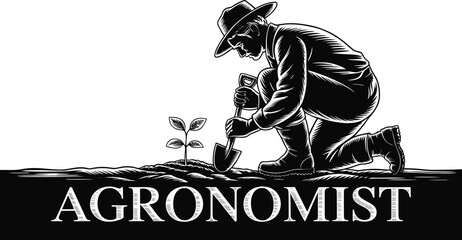 An illustration showcases an agronomist planting a young seedling with a shovel, rendered in a vintage style, emphasizing themes of agriculture, growth, and the importance of environmental stewardship