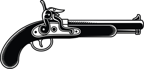 A striking black and white illustration showcases a vintage flintlock pistol, perfect for historical themes, graphic design projects, or adding a touch of classic weaponry to any creative work.