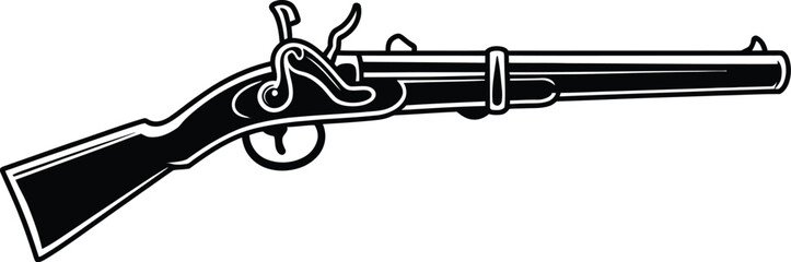 A striking black and white illustration showcases a vintage flintlock rifle, perfect for historical themes, graphic design projects, or adding a touch of classic weaponry to your creative work.