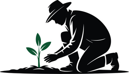 Silhouette of a farmer planting a young tree, symbolizing growth, agriculture, and environmental stewardship, ideal for illustrating concepts of sustainability and rural life.