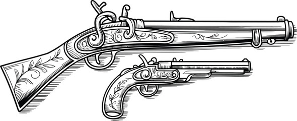 Engraved antique firearms showcase a rifle and pistol with intricate floral details, rendered in a classic black and white line art style, perfect for historical or design projects.