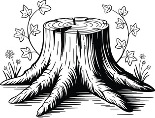 Detailed line art showcases a tree stump surrounded by ivy and small flowers, perfect for nature illustrations, botanical designs, and ecological themes with a vintage aesthetic.
