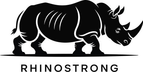 A striking silhouette showcases a powerful rhinoceros, its form rendered in bold black against a neutral backdrop, emphasizing strength and resilience with the word "RHINOSTRONG".