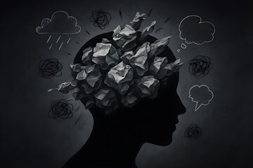 Dark Silhouette of Human Head Filled with Crumpled Paper Symbolizing Mental Turmoil and Emotional Overwhelm

