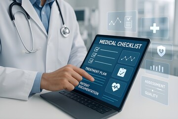 Doctor Using Tablet for Online Medical Checklist and Patient Documentation in Modern Healthcare Setting

