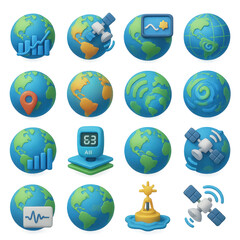 Earth 3d icon set. includes globe, graph, location, compass, satellite, map, buoy, and more.