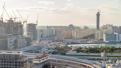 Palm Jumeirah Highway bridge aerial timelapse. Dubai, United Arab Emirates