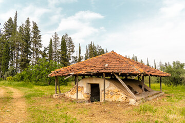Old rural storage building with a tiled roof and earthen walls, located in a grassy field in Turkey. Abandoned and weathered, possibly used as an icehouse or food cellar in the past.
