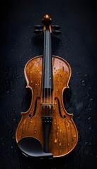 Fototapeta premium Rain-Covered Violin on Dark Background