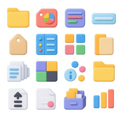 Organization flat icon set. containing folders, documents, charts, tags, lists, and more.