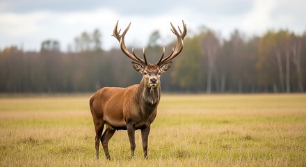 Majestic red deer stag with large antlers in an autumn field
