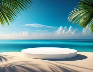 Fototapeta premium clean white podiums on soft fine sand with a backdrop of azure sea and bright sky adorned with fresh green palm leaves 3d rendering