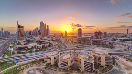 Sunset over Dubai Media City with Modern buildings aerial timelapse, United Arab Emirates
