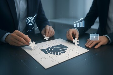 Two Businesspeople Assembling Handshake Puzzle with Digital Overlays Representing Partnership and Strategic Collaboration

