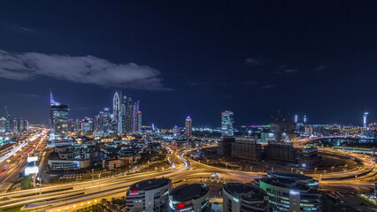 Dubai Media City with Modern buildings aerial night timelapse, United Arab Emirates