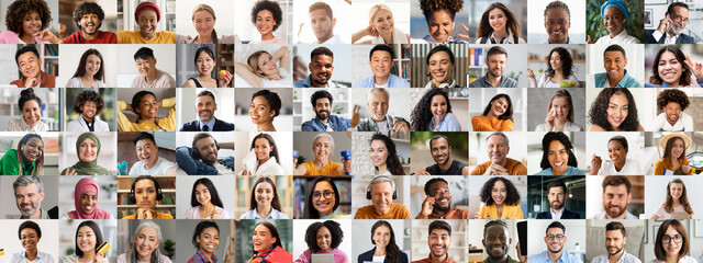 A joyful collection of portraits featuring diverse individuals. Each person radiates happiness,...