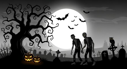 Spooky halloween night scene with zombies and full moon