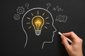 Silhouette of Human Head with Glowing Lightbulb and Chalk Doodles on Blackboard Symbolizing Creativity and Intellectual Awakening

