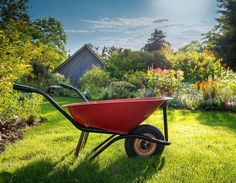 wheelbarrow in garden a charming scene showcasing a weathered red wheelbarrow resting on a vibrant green lawn amidst a sunny inviting garden creating a picture of idyllic simplicity