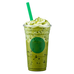 Chilled matcha frapp in a to go cup garnished with green straw set against a crisp white backdrop for a fresh and energizing image
