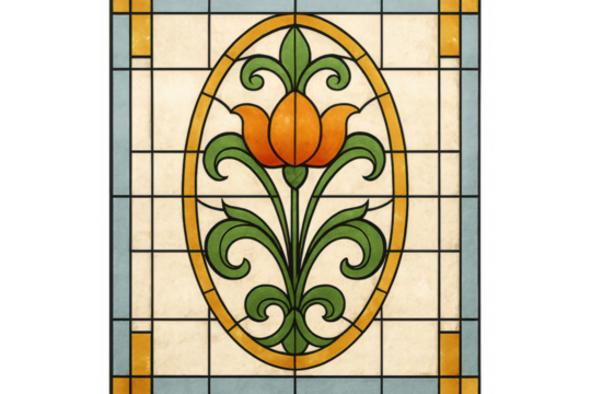 Orange tulip stained glass window in oval frame, transparent background, design-ready graphic